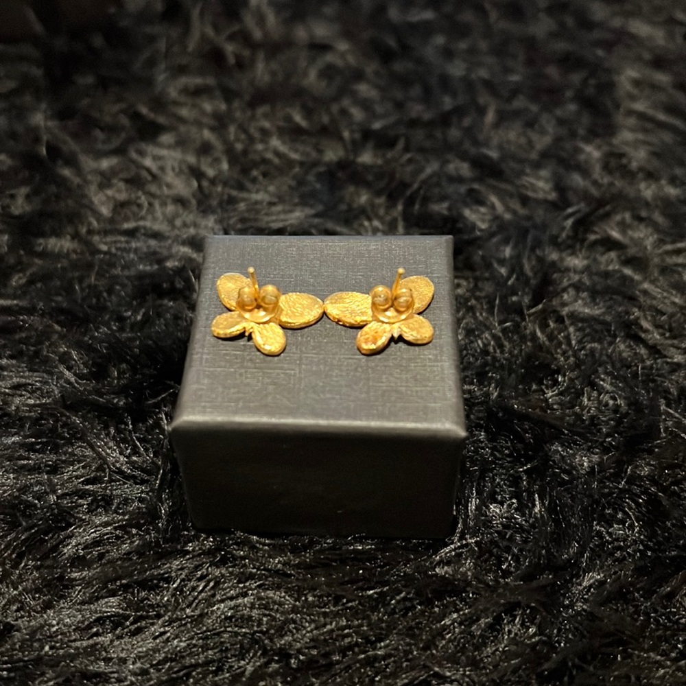 Gold butterfly earrings. Bright and fun. Roughly 0.5x0.5 inches. Good condition. - Picture 3 of 3